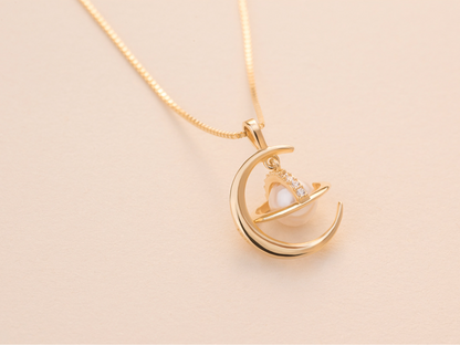 Planet and Moon Pendant Pearl Necklace