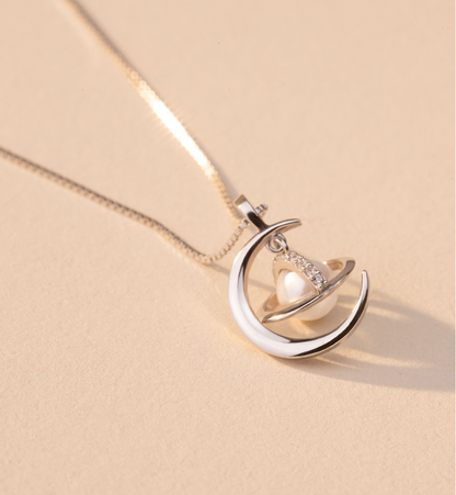 Planet and Moon Pendant Pearl Necklace