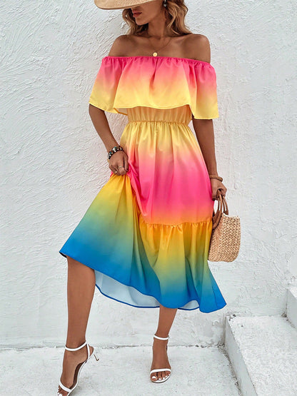 Rainbow Off-Shoulder Ruffled Shirred A-Line Mini Dress