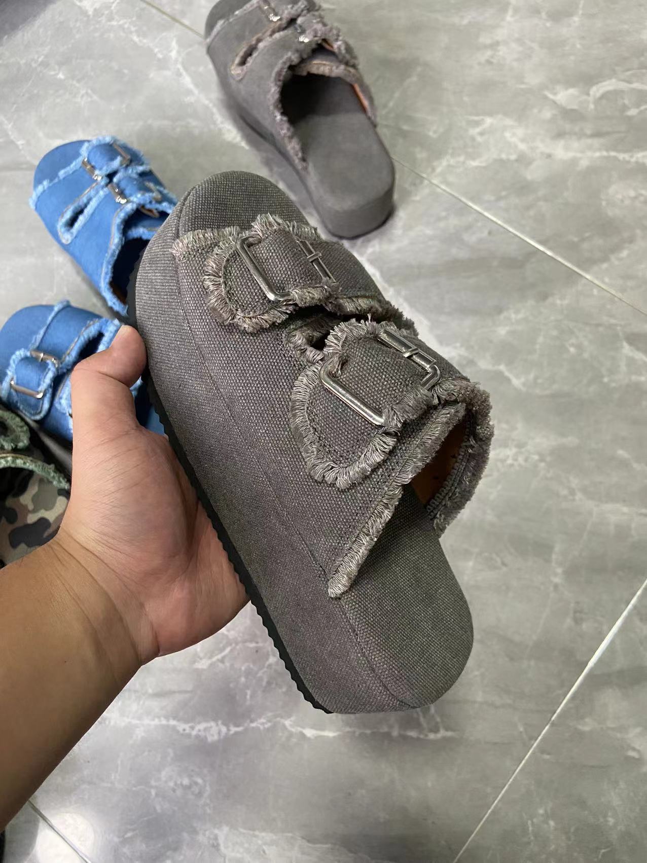 Platform Slip-On Denim Mules with Wedge Heel and Buckle Strap