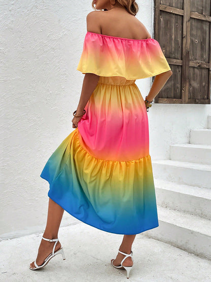 Rainbow Off-Shoulder Ruffled Shirred A-Line Mini Dress