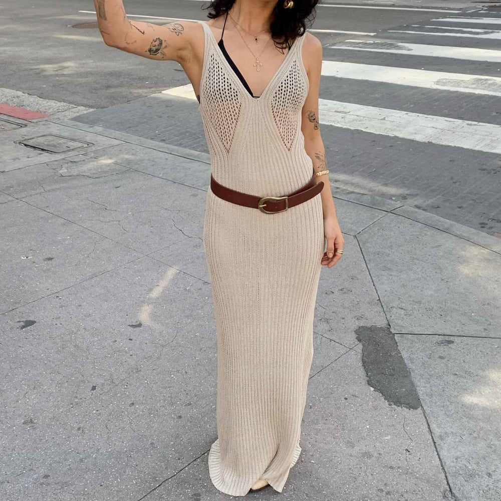 Hollow-Out Sheer Knit Spaghetti Strap V-Neck Sleeveless Backless Maxi Dress