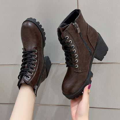 Round-Toe Mid-Heel Ankle Martin Boots with Side Zipper in Solid Color