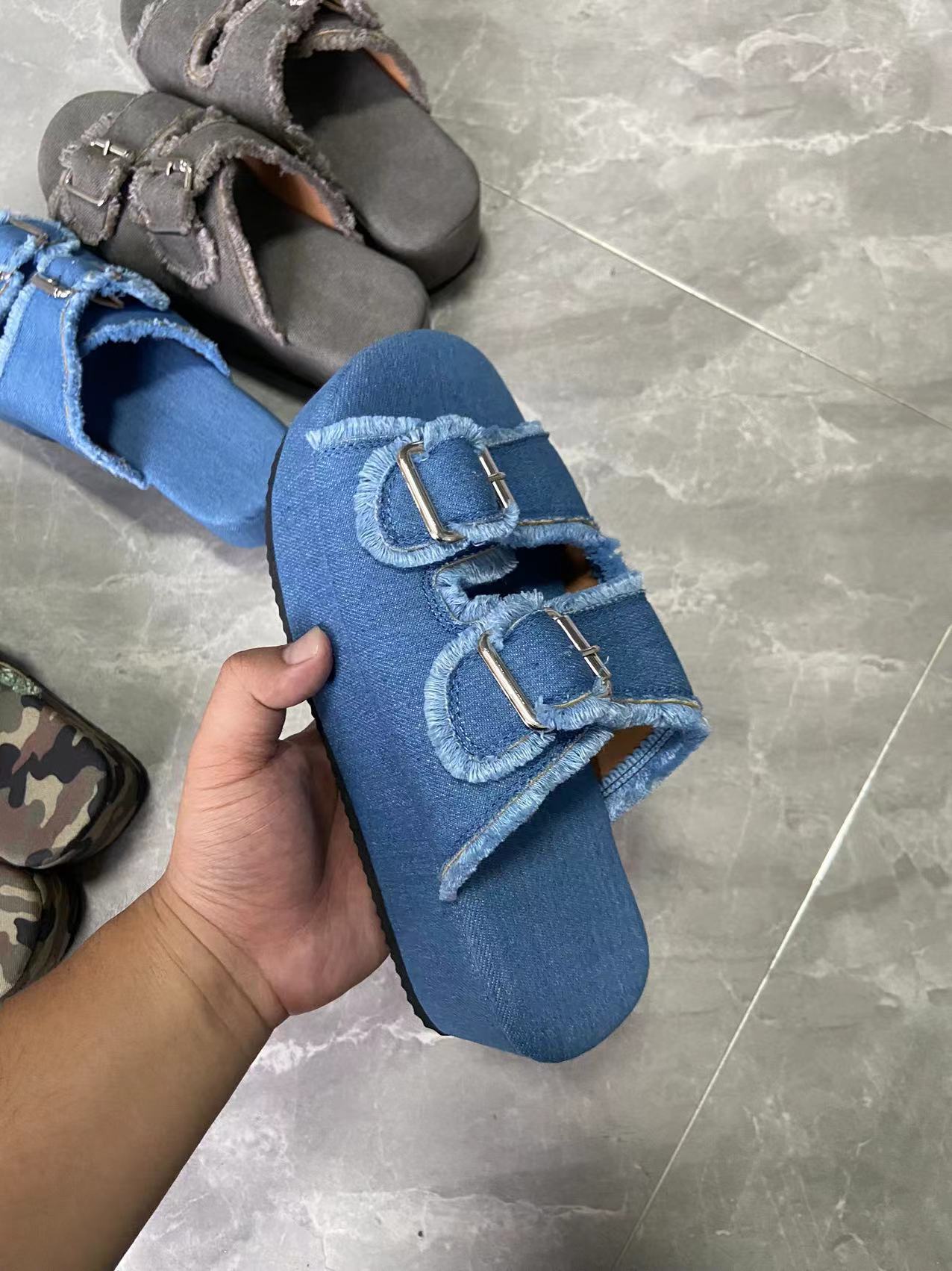 Platform Slip-On Denim Mules with Wedge Heel and Buckle Strap